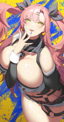 1girl absurdres belt black_ribbon black_shorts blue_background blue_nails breasts brown_belt cutoffs earrings emblem ero_chi_031 fingernails green_eyes hair_ornament hair_ribbon hairclip heart heart_earrings highres huge_breasts jewelry long_hair long_sleeves looking_at_viewer nail_polish nicole_demara o-ring o-ring_belt open_mouth pink_hair pink_nails ribbon shorts smile solo strapless thigh_belt thigh_strap thighs tube_top two_side_up white_tube_top yellow_background zenless_zone_zero