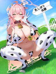 1girl absurdres ahoge animal_ears animal_print barcode bell bikini black_shoes blue_archive blue_sky blush breasts closed_mouth cloud collar commentary_request cow_ears cow_horns cow_print cow_print_bikini cow_print_gloves cow_print_thighhighs cow_tail cowbell day elbow_gloves fellatio_gesture fence gloves grabbing_own_breast grass green_eyes halo hanako_(blue_archive) hand_up high_heels highleg highleg_bikini highres horns huge_breasts long_hair looking_at_viewer mizikayo navel neck_bell outdoors pink_hair pink_halo print_bikini print_gloves print_thighhighs red_collar shoes sign sky smile solo squatting stomach swimsuit tail thighhighs translation_request very_long_hair wooden_fence