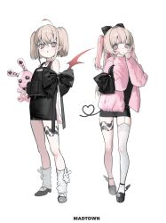 2girls ahoge alternate_costume arm_bow black_bow black_dress black_shoes bow brown_hair choker colored_inner_hair demon_wings dress dual_persona garter_straps hair_between_eyes hair_bow hair_intakes heart heart_of_string highres holding holding_stuffed_toy iniooooo jacket jewelry lace lace-trimmed_thighhighs lace_trim leg_tattoo leg_warmers long_hair looking_at_viewer makaino_ririmu medium_hair multicolored_hair multiple_girls necklace nijisanji pink_hair pink_jacket platform_shoes pointy_ears red_eyes shoes simple_background single_garter_strap single_thighhigh skindentation sleeveless sleeveless_dress socks streaked_hair stuffed_animal stuffed_rabbit stuffed_toy tattoo thighhighs twintails two-tone_hair two_side_up virtual_youtuber white_background white_socks white_thighhighs winged_heart_tattoo winged_shoes wings