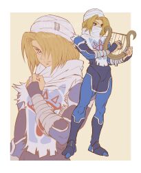 1boy adjusting_scarf bandaged_arm bandages blonde_hair border full_body genderswap genderswap_(ftm) highres holding holding_instrument instrument medium_hair multiple_views music nintendo parted_bangs playing_instrument red_eyes scarf sheik skin_tight standing takapon-o-ji the_legend_of_zelda the_legend_of_zelda:_ocarina_of_time twitter_username upper_body white_border white_headwear white_scarf