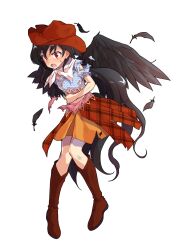 1girl alphes_(style) black_hair black_wings boots brown_boots brown_hat brown_skirt checkered_clothes checkered_skirt commentary_request cowboy_boots cowboy_hat dairi feathered_wings full_body hand_on_own_stomach hat highres horse_tail kurokoma_saki long_hair looking_at_viewer neckerchief orange_skirt overskirt parody ponytail puffy_short_sleeves puffy_sleeves red_eyes short_sleeves skirt solo standing style_parody tachi-e tail touhou transparent_background very_long_hair white_neckerchief wings