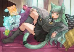 1girl absurdres animal_ears arknights black_ribbon black_skirt cameo candy cat_ears cat_girl cat_tail couch dido_(di_do_di_do) food food_in_mouth green_eyes green_hair grey_socks grey_sweater_vest harmonie_(arknights) highres indoors infection_monitor_(arknights) layered_sleeves lollipop long_hair long_sleeves looking_at_viewer mouth_hold neck_ribbon pillow pleated_skirt reclining reed_(arknights) reed_the_flame_shadow_(arknights) ribbon shirt skirt socks solo sweater_vest tail tail_ornament tail_ring very_long_hair water white_shirt