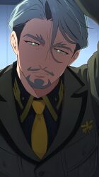 1boy absurdres beard black_shirt challia_bull choco_(chocovix112) closed_mouth collared_shirt commentary facial_hair glowing glowing_eyes green_eyes green_hair green_jacket gundam gundam_gquuuuuux hair_between_eyes highres jacket kabedon kabedon_on_viewer long_sleeves looking_at_viewer male_focus mature_male military_uniform mustache necktie serious shirt short_hair sidelighting solo upper_body wing_collar yellow_necktie