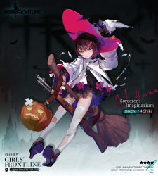 1girl belt black_dress black_hair black_shoes broken_wand broom broom_riding buttons character_name colored_shoe_soles commentary company_name copyright_name crossed_bandaids double-breasted dress english_commentary english_text flower fold-over_boots frown full_body girls&#039;_frontline gradient_hair green_eyes grey_socks hair_ornament halloween hat high_heels highres holding holding_broom holding_unworn_clothes holding_unworn_hat jack-o&#039;-lantern jack-o&#039;-lantern_print layered_legwear long_sleeves looking_at_viewer multicolored_hair official_alternate_costume official_art open_mouth pink_flower print_thighhighs promotional_art puffy_long_sleeves puffy_sleeves purple_hair robe second-party_source shoe_soles shoes short_hair skindentation socks solo star_(symbol) tears thighhighs torn_clothes torn_hat torn_robe torn_thighhighs type_4_(girls&#039;_frontline) type_4_(sorcerer&#039;s_imaginarium)_(girls&#039;_frontline) type_4_rifle unworn_hair_ornament unworn_hat unworn_headwear wand white_hat white_robe white_thighhighs wide_sleeves witch witch_hat