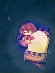 1girl =_= bed blush_stickers bow braid brown_hair chibi chibi_only countdown hair_bow highres kekorin5 long_hair long_sleeves low_twin_braids madotsuki no_mouth orange_sweater pink_bow pink_skirt skirt sleepy solo sweater twin_braids twitter_username wide_sleeves yume_nikki
