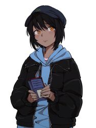 1girl black_hair black_jacket blue_hat blue_hoodie chou_(danny8461) closed_mouth commentary_request dark-skinned_female dark_skin hat highres holding holding_phone hood hood_down hoodie jacket long_sleeves looking_up open_clothes open_jacket orange_eyes original phone short_hair solo upper_body white_background