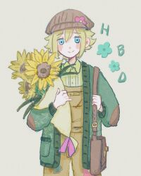 1boy basil_(birthday)_(omori) basil_(faraway)_(omori) basil_(omori) blonde_hair blue_eyes blush bouquet brown_hat brown_overalls closed_mouth collared_shirt flower happy_birthday hat holding holding_bouquet long_sleeves looking_at_viewer male_focus oisii_yo omori overall_shorts overalls shirt short_hair smile solo sunflower white_shirt