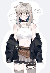 1girl animal_print black_choker black_jacket blush choker closed_mouth commentary_request cowboy_shot crop_top ear_blush girls_band_cry grey_hair grey_skirt grey_thighhighs highres jacket kawaragi_momoka korean_commentary leopard_print long_hair looking_at_viewer maegkaen midriff multicolored_hair off_shoulder print_skirt roots_(hair) simple_background skirt solo spoken_blush sweat tank_top thigh_strap thighhighs white_background white_tank_top