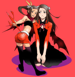 Rule 34 | 10s, 2girls, absurdres, age difference, ass, bandeau, bow, braid, braided bangs, brown eyes, brown hair, hair bow, hair ornament, halloween, highres, horns, indian style, kaburagi kaede, kaburagi tomoe, long hair, mother and daughter, multiple girls, polearm, shorts, side ponytail, sitting, skull hair ornament, smile, thighhighs, tiger &amp; bunny, tkk81160, trident, weapon, wings