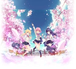 ankle_socks bag black_skirt black_socks blonde_hair blue_eyes blue_sky bow breasts brown_eyes cherry_blossoms closed_mouth floating_hair fujisawa_yuzu hair_ornament highres holding holding_bag hoshizaki_akari jumping loafers long_hair looking_at_viewer medium_breasts misumi_aoi multiple_girls necktie official_art ongeki open_mouth petals pink_bow pink_hair pink_necktie pleated_skirt pointing pointing_up purple_eyes purple_hair school_bag school_emblem school_gateway school_uniform shirt shoes short_hair skirt sky small_breasts smile sneakers socks striped_bow striped_necktie sweater_vest thighhighs twintails w_arms white_shirt