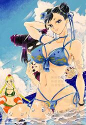 3girls anco_dx annoyed arm_behind_head artist_name beach bikini blonde_hair blue_bikini braid breast_envy breasts brown_eyes brown_hair cammy_white capcom chun-li cleavage dated double_bun female_pervert green_bikini green_eyes hair_bun han_juri highres imminent_grope imminent_harassment large_breasts legs long_hair looking_at_viewer mature_female multiple_girls navel ocean pervert pink_lips purple_bikini seductive_smile shaded_face side-tie_bikini_bottom smile street_fighter swimsuit thighs traditional_media twin_braids very_long_hair water white_eyes