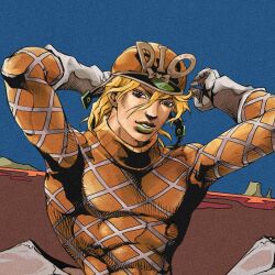 1boy araki_hirohiko_(style) argyle_clothes argyle_sweater ark_nemesis blonde_hair blue_sky bow character_name diego_brando elbow_gloves gloves green_lips helmet highres jojo_no_kimyou_na_bouken messy_hair orange_helmet orange_sweater sky steel_ball_run sweater upper_body white_gloves