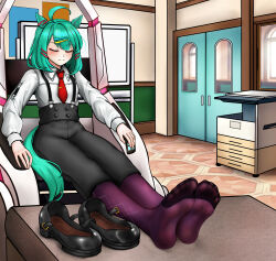 1girl absurdres animal_ears blue_hair bunny_211 closed_eyes feet highres horse_ears horse_girl horse_tail light_blush medium_hair mole mole_under_eye necktie see-through_clothes see-through_legwear shoes soles sugar_lights_(umamusume) suspenders tail toes umamusume unworn_shoes