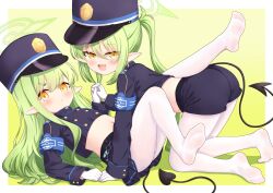 2girls absurdres armband black_hat black_jacket black_shorts black_skirt blue_archive blue_armband chinese_commentary closed_mouth commentary_request cropped_jacket demon_girl demon_tail earrings fang gloves gradient_background green_background green_hair green_halo halo hat highres hikari_(blue_archive) holding_hands interlocked_fingers jacket jewelry long_hair long_sleeves looking_at_viewer lying midriff miniskirt multiple_girls navel no_shoes nozomi_(blue_archive) on_back open_mouth pantyhose peaked_cap pleated_skirt pointy_ears short_shorts shorts skin_fang skirt soles tail thick_eyebrows twintails uro30 v-shaped_eyebrows white_gloves white_pantyhose yellow_eyes