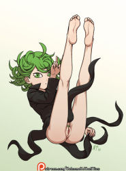 1girl barefoot eyelashes feet female_focus gradient_background green_eyes green_hair matching_hair/eyes noise_tanker one-punch_man patreon pussy soles solo tatsumaki toes uncensored watermark web_address