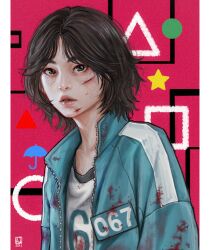 1girl 2021 absurdres ai_shou artist_name black_hair commentary dark_skin english_commentary freckles highres jacket kang_sae-byeok open_clothes pillarboxed short_hair solo squid_game star_(symbol) umbrella_print