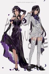 2girls absurdres arm_behind_head armpits ayame_en_(ouge_dz) bare_shoulders black_dress black_gloves black_hair black_shirt black_shoes bow bowtie breasts buttons character_name chinese_commentary cleavage closed_mouth coat collared_shirt commentary_request cross-laced_clothes cross-laced_legwear dress dress_flower earrings elbow_gloves english_text expressionless eyelashes feather_hair_ornament feathers flower footwear_flower frilled_dress frills full_body gloves gold_earrings grey_background grey_shirt hair_between_eyes hair_ornament hairclip halter_shirt halterneck hand_on_own_hip hand_up happy high_heels highres jewelry light_frown long_dress long_hair miniskirt multiple_girls off-shoulder_dress off_shoulder open_clothes open_coat original ouge_dz pansy parted_lips petals pleated_skirt pumps purple_bow purple_bowtie purple_eyes purple_flower purple_hair ribbed_thighhighs see-through_clothes see-through_shirt shirt shirt_under_dress shoes short_sleeves simple_background skirt skirt_hold smile standing teeth thighhighs two-sided_dress two-sided_fabric vest watermark weibo_watermark white_coat white_skirt white_thighhighs white_vest x_hair_ornament yuri_chie_(ouge_dz)