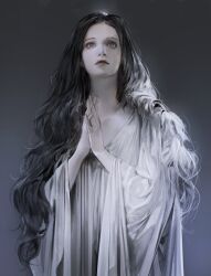 1girl blue_eyes grey_background hands_up highres lips long_hair nose original praying realistic solo vlfdus_0