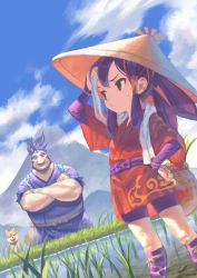 1boy 1girl black_eyes black_hair cloud crossed_arms dog feet_out_of_frame grass hair_rings hair_tubes hat highres japanese_clothes k6 kneehighs layered_sleeves long_hair long_sleeves mountain outdoors ponytail rice_hat rice_paddy sakuna-hime short_over_long_sleeves short_sleeves sky socks sweat tauemon tensui_no_sakuna-hime towel towel_around_neck wiping_sweat