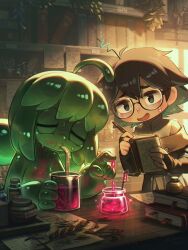 2girls absurdres ahoge black_hair book closed_eyes commentary drinking_straw english_commentary glasses highres holding holding_book holding_pen indoors monster_girl multiple_girls open_mouth original pen porforever short_hair slime_girl