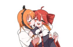 2girls a.i._voice adachi_rei ahoge blush closed_eyes detached_sleeves drill_hair gloves grey_shirt hug hug_from_behind jacket kasane_teto kasane_teto_(utau) kiss kissing_cheek long_sleeves medium_hair multiple_girls one_eye_closed open_mouth orange_hair red_eyes red_hair shirt simple_background smile twin_drills utau vvv_fnk white_background white_gloves white_jacket yuri