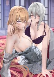2girls absurdres bare_shoulders blush bra breasts cleavage commentary embarrassed hair_between_eyes highres jdep large_breasts long_hair looking_at_viewer multiple_girls nakiri_alice nakiri_erina pajamas purple_bra purple_eyes red_eyes shokugeki_no_souma single_sidelock sweat tongue tongue_out underwear white_hair yuri