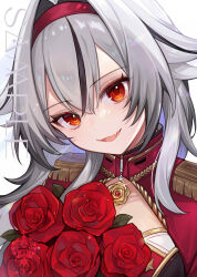 1girl blush bouquet character_request commentary_request copyright_request double-parted_bangs epaulettes fang flower glint golden_rose grin hair_intakes highres holding holding_bouquet looking_at_viewer military_uniform multicolored_hair nixtutyannh open_mouth rose sample_watermark signature skin_fang smile solo streaked_hair watermark