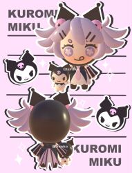 3d alternate_costume alternate_eye_color alternate_hair_color alternate_hair_length alternate_hairstyle chibi chibi_only commentary detached_sleeves hair_ornament hatsune_miku highres kuromi lavy_(lavnko) onegai_my_melody outline purple_eyes purple_hair sanrio skull_hair_ornament smile tongue tongue_out vocaloid white_outline