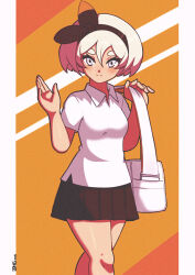 Rule 34 | 1girl, bea (pokemon), blonde hair, blush, bow hairband, breasts, brown skirt, closed mouth, collared shirt, commentary, eyelashes, grey eyes, hair between eyes, hairband, hands up, highres, holding strap, jeff miga, knees, nintendo, pleated skirt, pokemon, pokemon swsh, shirt, short hair, short sleeves, skirt, smile, solo, split mouth, white bag, white shirt