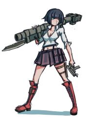 Rule 34 | 1girl, absurdres, black hair, boots, devil may cry, devil may cry (series), devil may cry 3, fizzysenpai, freckles, gun, highres, holding, holding gun, holding rocket launcher, holding weapon, kalina ann (weapon), lady (devil may cry), midriff, rocket launcher, shirt, simple background, sketch, weapon, white background, white shirt