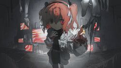Rule 34 | 1girl, a.i. voice, adachi rei, android, belt, black eyes, black pantyhose, black shirt, cable, commentary request, gloves, grey skirt, hair between eyes, hair ribbon, hand up, heterochromia, highres, jacket, lankilanki, leaning forward, long sleeves, looking at object, open clothes, open jacket, orange belt, orange hair, pantyhose, red eyes, ribbon, screen, shirt, side ponytail, skirt, solo, tile floor, tiles, utau, white gloves, white ribbon