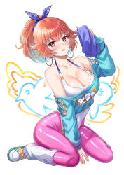 1girl blue_shirt blush breasts cleavage earrings full_body hair_ribbon high_ponytail highleg highleg_leotard holding holding_towel hololive hololive_english hoop_earrings jewelry large_breasts leggings leotard long_sleeves official_alternate_costume official_alternate_hairstyle orange_hair parted_lips pink_leggings ponytail ribbed_socks ribbon sebu_illust shirt sitting socks solo sweat takanashi_kiara takanashi_kiara_(fever_night) towel virtual_youtuber wariza white_background