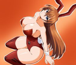 1girl :o adapted_costume alternate_breast_size animal_ears ass bare_shoulders blue_eyes blush breasts collarbone curvy fake_tail from_above gradient_background highleg highleg_leotard highres invisible_chair kmkz-art large_breasts leotard long_hair looking_at_viewer looking_back neon_genesis_evangelion orange_background orange_hair parted_lips playboy_bunny rabbit_ears rabbit_tail red_leotard shiny_skin sitting solo souryuu_asuka_langley strapless strapless_leotard tail teeth very_long_hair wide_hips