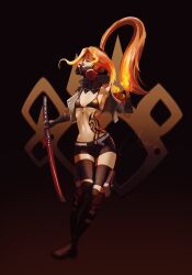 Rule 34 | 1girl, anri (anriplu), belt, bikini, black bikini, boots, breasts, brown eyes, brown gloves, code vein, cropped jacket, fingerless gloves, fire, floating hair, gloves, gradient background, green jacket, highres, holding, holding sword, holding weapon, jacket, katana, long hair, looking at viewer, mask, murasame rin (code vein), navel piercing, open clothes, open jacket, orange hair, piercing, ponytail, pyrokinesis, respirator, short shorts, shorts, sidelocks, signature, small breasts, solo, stomach tattoo, swimsuit, sword, tattoo, thigh boots, weapon, white belt