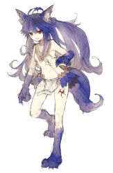 1girl animal_ear_fluff animal_ears animal_feet animal_hands antenna_hair arm_up armpits blue_hair breasts chain claws commentary_request convenient_censoring facing_ahead full_body fur-trimmed_skirt fur_trim injury jewelry loincloth long_hair looking_ahead navel necklace necklace_censor original red_eyes riuichi sketch skirt small_breasts solo tail werewolf white_background wolf_ears wolf_girl wolf_tail