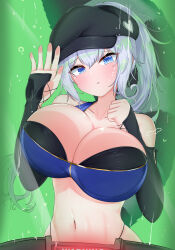 1girl absurdres bare_shoulders black_hat blue_eyes blue_shirt breasts cleavage collarbone commission crop_top detached_sleeves dungeon_and_fighter hands_up hat highres large_breasts long_hair long_sleeves looking_at_viewer midriff min1910 navel newsboy_cap original panty_straps parted_lips ponytail shirt sleeveless sleeveless_shirt sleeves_past_wrists solo stomach striped_tail tail white_hair