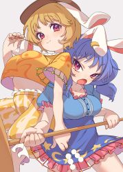 2girls :t absurdres animal_ears armpit_crease blonde_hair blue_dress blue_hair blush breasts brown_headwear cabbie_hat closed_mouth crescent_print crop_top dress earclip eating fingernails grey_background hand_up hat highres holding holding_mallet holding_stick kine large_breasts long_hair looking_at_viewer mallet multiple_girls open_mouth orange_shirt orange_shorts puffy_short_sleeves puffy_sleeves purple_eyes rabbit_ears red_eyes ringo_(touhou) seiran_(touhou) shirt short_hair short_sleeves shorts simple_background star_(symbol) star_print stick sumiyama_sui touhou tsurime underboob v-shaped_eyebrows