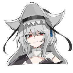 1girl arknights black_dress black_hat commentary cropped_shoulders dot_nose dress enunomiya grey_hair hat highres long_hair looking_at_viewer red_eyes simple_background solo specter_(arknights) symbol-only_commentary two-sided_fabric two-sided_headwear upper_body white_background white_hat