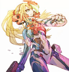 1girl arm_cannon assault_visor blonde_hair blue_bodysuit blue_eyes bodysuit breasts clenched_teeth digital_dissolve gun handgun headset helmet holding holding_gun holding_weapon long_hair looking_up materializing medium_breasts metroid metroid_dread nakayama_tooru nintendo normal_suit_(metroid) paralyzer parted_lips ponytail power_suit_(metroid) samus_aran skin_tight skinny solo stun_gun teeth toned toned_female tsurime weapon zero_suit