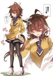 1girl agnes_tachyon_(umamusume) ahoge animal_ears black_necktie black_pantyhose black_shirt blush boots brown_hair cardigan collared_shirt commentary_request full_body hair_between_eyes high_heel_boots high_heels highres horse_ears horse_girl kaho_(ramb) looking_at_viewer medium_hair messy_hair multiple_views necktie open_mouth pantyhose red_eyes removing_necktie shirt sidelocks simple_background sweat translation_request umamusume white_background white_boots yellow_cardigan
