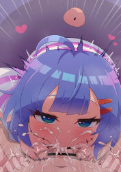 1boy 1girl ahoge bar_censor blue_eyes blue_hair breasts censored commentary_request commission cum cum_in_mouth cum_overflow deepthroat fellatio heart heart-shaped_pupils hetero highres large_breasts large_variant_set long_hair looking_at_viewer mumyou_ishi oral otomachi_una penis pov pov_crotch skeb_commission symbol-shaped_pupils testicles textless_version twintails variant_set vocaloid