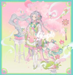1girl antennae arm_at_side bonsai border braid bug butterfly butterfly_on_hand cherry_blossoms chinese_clothes closed_mouth commentary dress flower flower_pot full_body gradient_background gradient_clothes gradient_dress green_background green_border green_dress green_eyes green_shoes grey_hair hand_up highres insect light_smile lolita_fashion long_hair looking_at_viewer original parted_bangs pink_background pink_dress pink_flower qi_lolita sample_watermark shoes solo standing symbol-only_commentary tassel thighhighs twin_braids two-tone_background two-tone_dress watermark white_sleeves white_thighhighs yunouou10