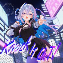 amane_kanata black_jacket black_shirt black_skirt blurry blurry_background building cowboy_shot cropped_jacket grey_hair highres hololive jacket night open_clothes open_jacket outdoors shirt skirt skyscraper smallpine_7 two_side_up