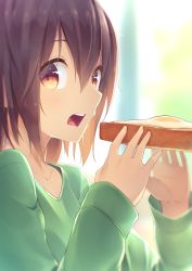1girl blurry blurry_background bread bread_slice brown_eyes brown_hair collarbone depth_of_field egg_(food) female_focus food fried_egg from_side hair_between_eyes hands_up highres holding holding_food long_sleeves looking_at_viewer looking_to_the_side ninnzinn open_mouth original solo teeth toast upper_body