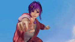 1girl amaso amaso_35 asamiya_athena casual dress female_focus hairband highres jacket looking_at_viewer outdoors pale_skin pointing purple_eyes purple_hair shirt sky smile smiley_face star_(symbol) the_king_of_fighters the_king_of_fighters_xv white_shirt