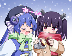 2girls :d akou_roushi blue_background blue_coat blue_hair blue_hat blush bow breath brown_coat closed_eyes coat commentary_request food fur-trimmed_sleeves fur_trim gradient_background green_scarf hat holding holding_food long_hair long_sleeves looking_at_another multiple_girls open_mouth otomachi_una purple_eyes purple_hair red_scarf roasted_sweet_potato scarf scarf_bow short_hair smile snowflakes sweatdrop sweet_potato touhoku_kiritan upper_body vocaloid voiceroid white_background winter