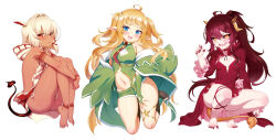 3girls :d :q ahoge arm_tattoo ass bare_arms bare_legs bare_shoulders barefoot black_sclera blonde_hair blue_eyes blush breasts bridal_gauntlets choker christina_(tanaka_the_wizard) claw_pose closed_mouth colored_sclera curled_fingers dark-skinned_female dark_red_hair dark_skin demon_tail detached_sleeves dress dress_flower edita_(tanaka_the_wizard) elf fang fang_out feather_hair_ornament feathers fingernails flower frilled_dress frilled_sleeves frills full_body hair_intakes hair_ornament hairclip hand_on_lap high-waist_panties highres hood hood_down hoodie hugging_own_legs jumping leg_ribbon leg_tattoo licking_lips lion_tail long_fingernails long_hair looking_at_viewer m-da_s-tarou multiple_girls nail_polish navel necktie official_art open_mouth panties panty_peek pointy_ears ponytail red_eyes red_hair red_nails ribbon ringed_eyes rocoroco sharp_fingernails sharp_teeth sharp_toenails short_hair short_shorts shorts sideboob sidelocks simple_background skindentation sleeveless slit_pupils small_breasts smile squatting star_(symbol) star_hair_ornament tail tanaka_the_wizard tattoo teeth thighs toeless_footwear toenail_polish toenails tongue tongue_out twintails underwear v-shaped_eyebrows very_long_hair white_background white_hair white_panties wide_sleeves yellow_eyes