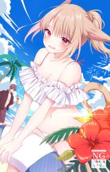 1boy 1girl absurdres animal_ears ayamisiro bare_shoulders bikini breasts brown_hair cat_ears cat_girl cat_tail cleavage elezen elf final_fantasy final_fantasy_xiv food frilled_tankini highres holding holding_ice_cream_cone holding_swim_ring ice_cream ice_cream_cone innertube looking_at_viewer male_swimwear miqo&#039;te navel open_clothes open_shirt pointy_ears ponytail red_eyes stomach swim_ring swim_trunks swimsuit tail warrior_of_light_(ff14) white_bikini