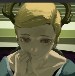 1girl antlers blonde_hair blue_shirt dragon_girl dragon_horns green_scales horns hotoke_party kicchou_yachie looking_at_viewer monster_girl red_eyes scales shirt short_hair solo square_neckline touhou turtle_shell yellow_horns