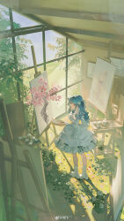 1girl absurdres animate_(company) animate_cafe arm_at_side art_brush artist_name bang_dream! bang_dream!_it&#039;s_mygo!!!!! black_ribbon blue_hair boots bow canvas_(object) center-flap_bangs center_frills cherry_blossoms chinese_commentary choker closed_mouth color_banding commentary_request day double-parted_bangs dress dress_bow dress_ribbon drill_hair drill_sidelocks easel flower foliage frilled_bow frilled_dress frills from_behind grey_boots grey_bow grey_dress hair_bow high_heel_boots high_heels highres holding holding_paint_palette indoors jar juliet_sleeves lace-up_boots long_hair long_sleeves looking_at_viewer looking_back official_alternate_costume official_alternate_hairstyle paint_can paint_palette paintbrush painting_(object) plant portrait_(object) potted_plant puffy_sleeves ribbon shadow sidelocks standing sunlight table through_medium through_painting togawa_sakiko toto_(caaaaarrot) watermark weibo_watermark white_boots white_choker wide_shot wide_sleeves window yellow_eyes